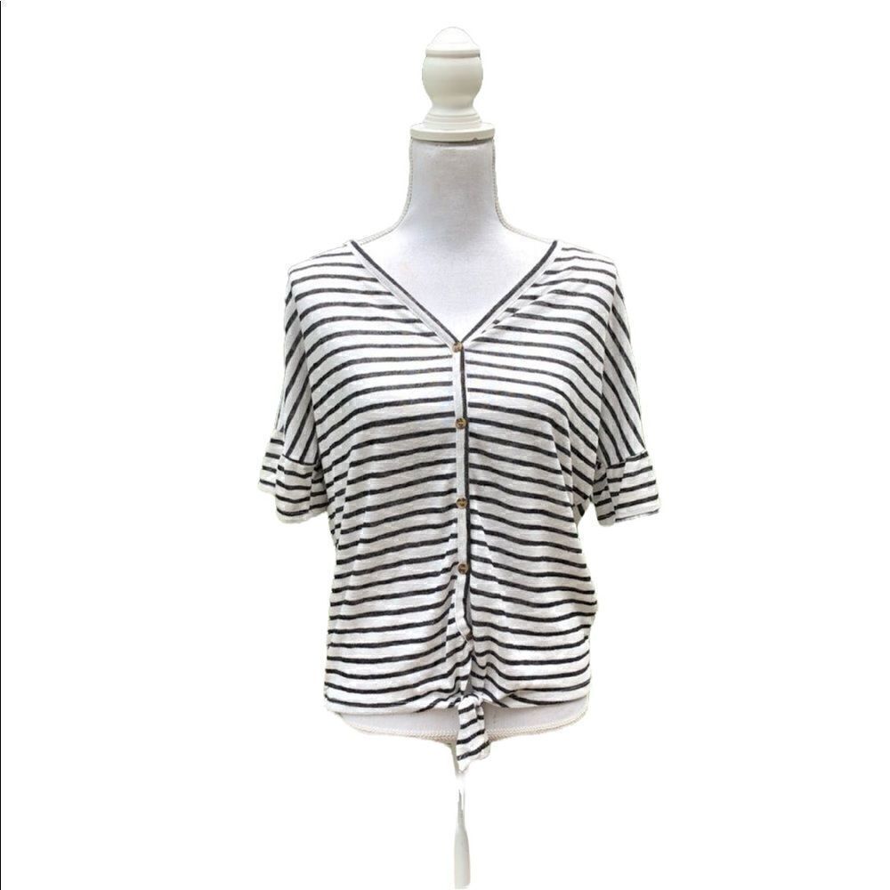 2/$15 Small Black and White Striped Tie Up Shirt - Picture 1 of 5
